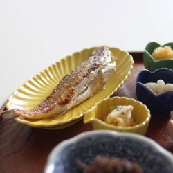 일본도자기 버터플라이 노란주름 타원접시
